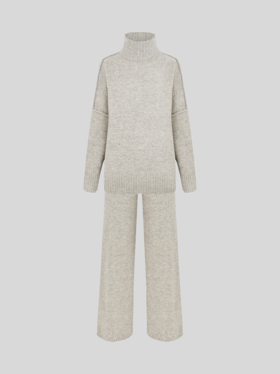 Plain Turtleneck Knit Pants Set