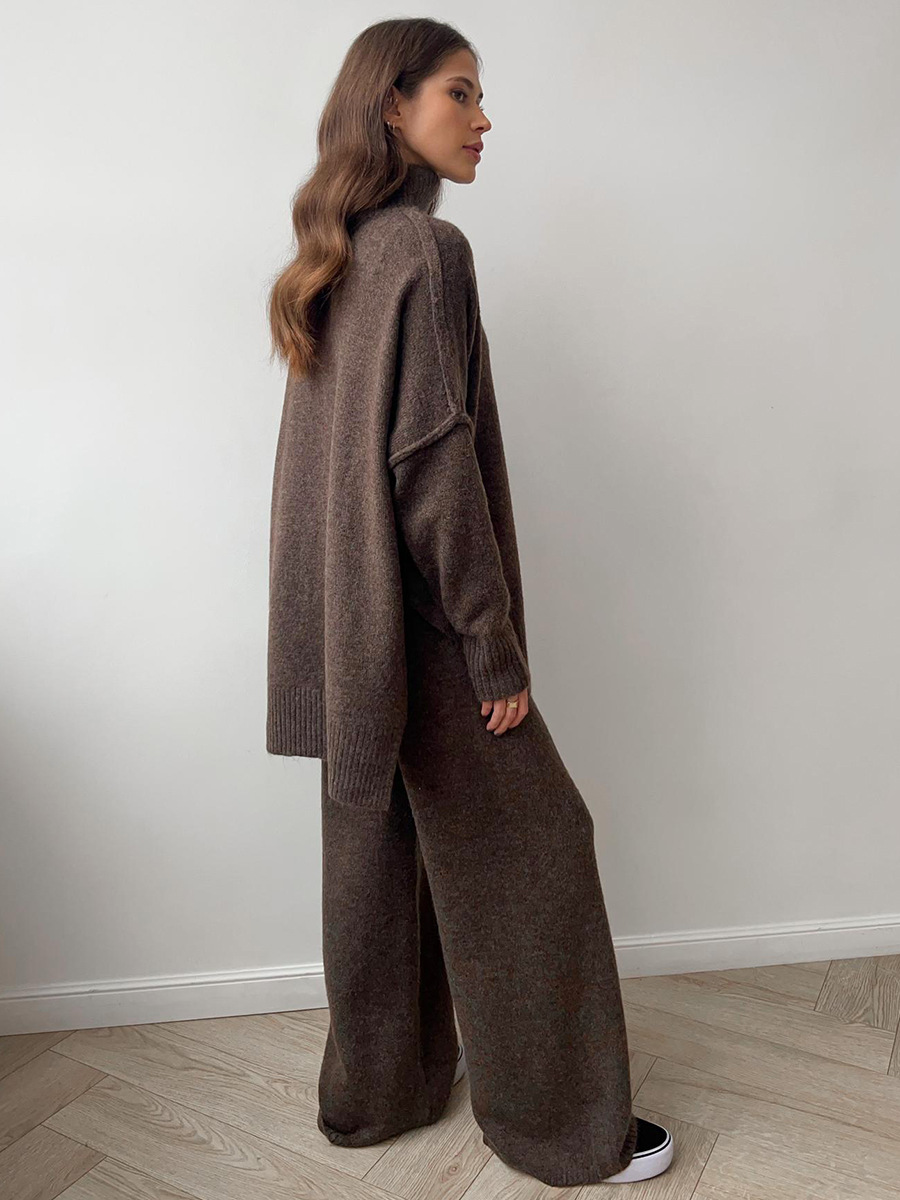 Plain Turtleneck Knit Pants Set