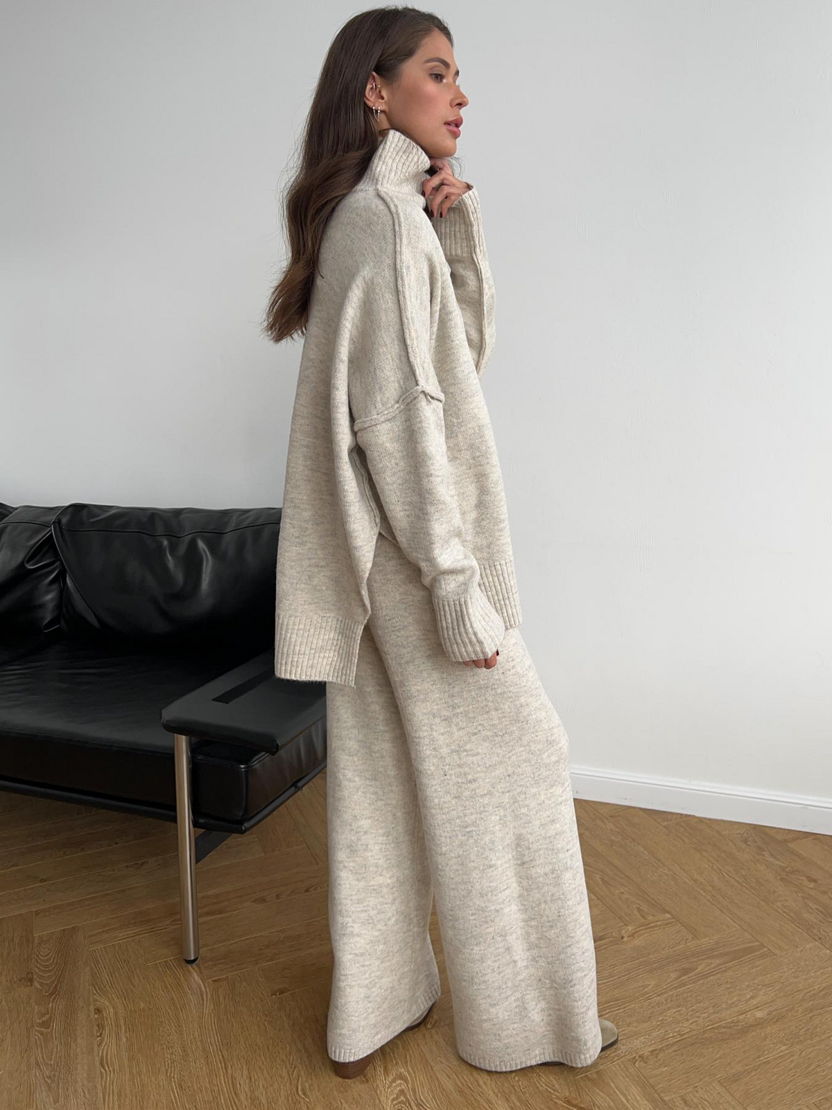 Plain Turtleneck Knit Pants Set