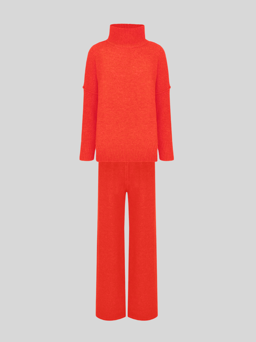 Plain Turtleneck Knit Pants Set