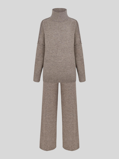 Plain Turtleneck Knit Pants Set