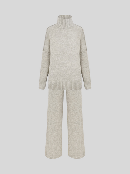 Plain Turtleneck Knit Pants Set