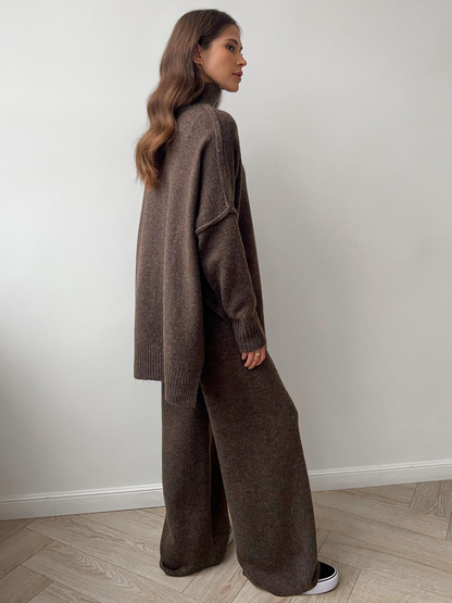 Plain Turtleneck Knit Pants Set