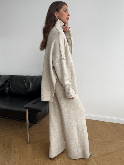 Plain Turtleneck Knit Pants Set